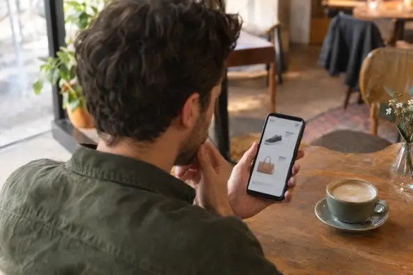Cliente num café a olhar com estranheza para o carrinho de uma loja online no telemóvel