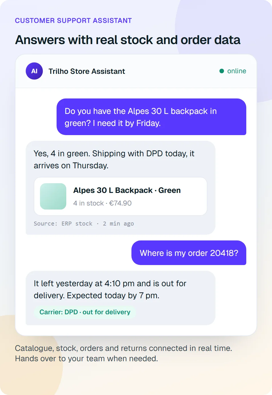 Example conversation with a customer support assistant checking stock and orders