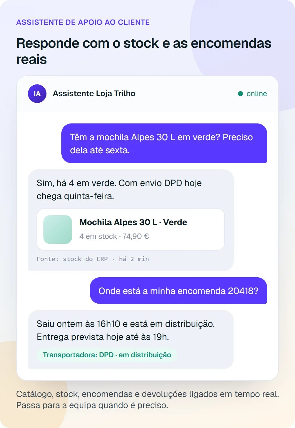Exemplo de conversa com um assistente de apoio ao cliente que consulta stock e encomendas