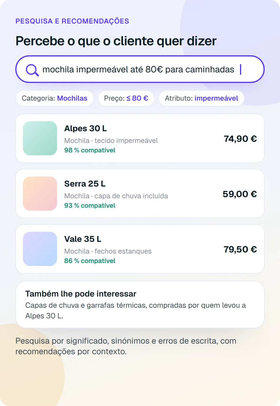Exemplo de pesquisa inteligente numa loja online com filtros em linguagem natural