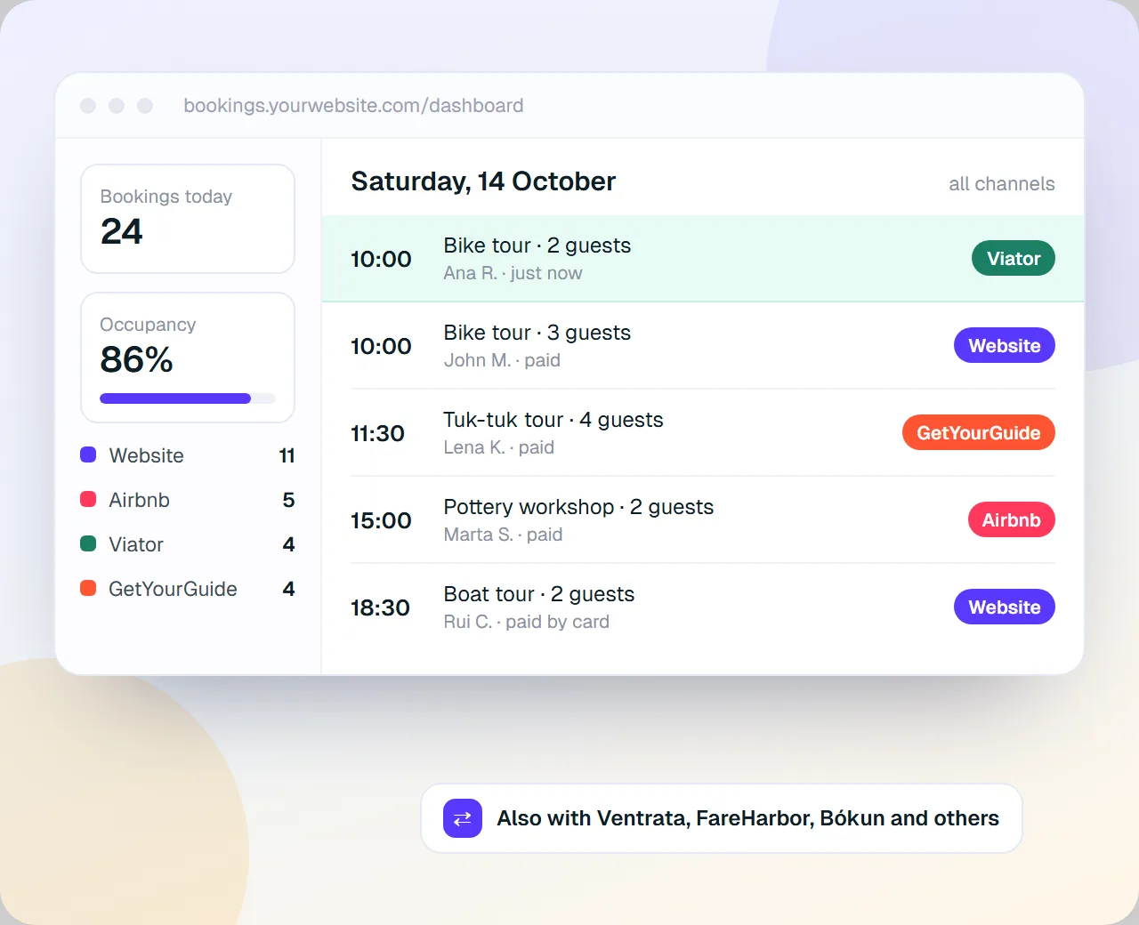 Booking dashboard with the day's bookings from the website, Airbnb, Viator and GetYourGuide