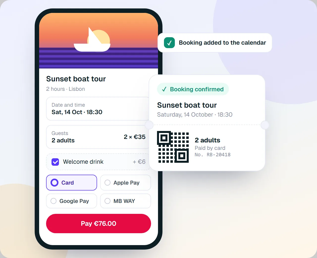 Tour booking on a phone, with an add-on and card payment, and the confirmation voucher
