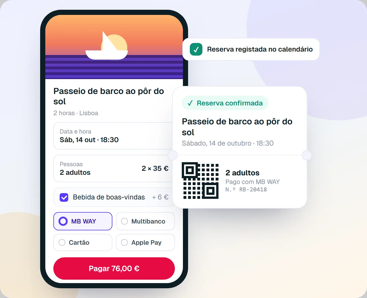 Reserva de um passeio no telemóvel, com extra e pagamento por MB WAY, e o voucher de confirmação