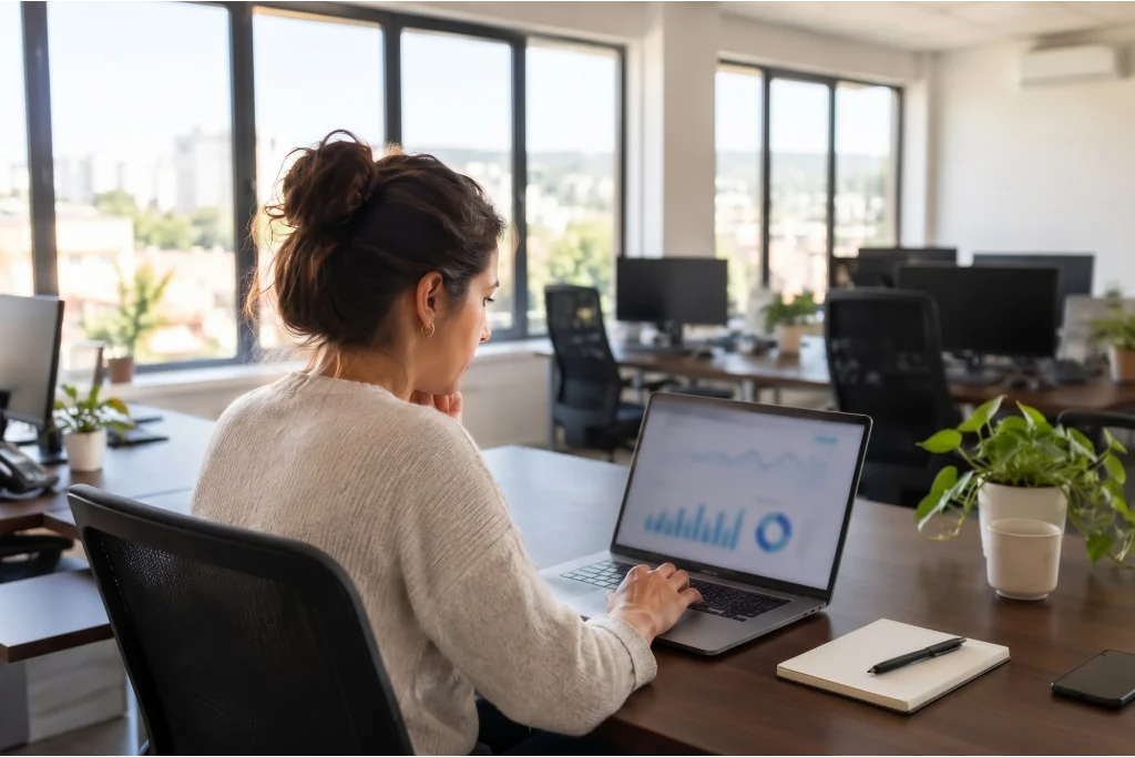 Consultora de marketing a analisar o desempenho de um site no portátil, no escritório da Multisnet